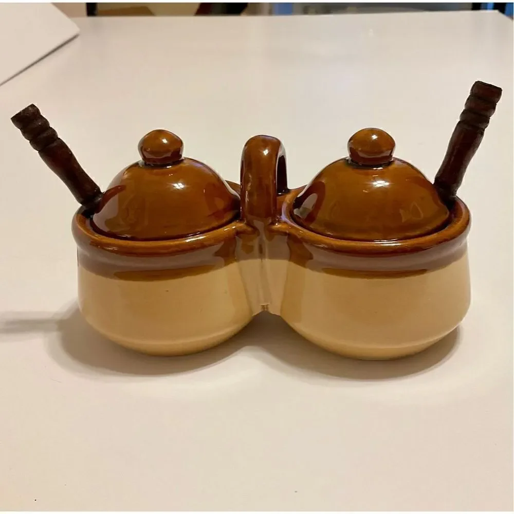 Vintage Double Condiment Jars with Lids and Spoons